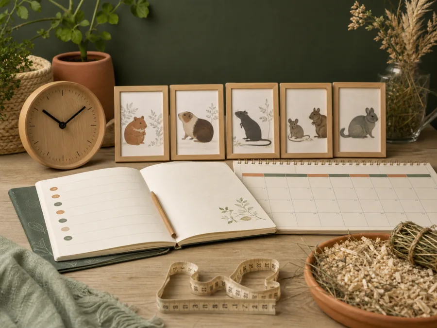 Planungsunterlagen und Illustrationen verschiedener kleiner Heimtiere